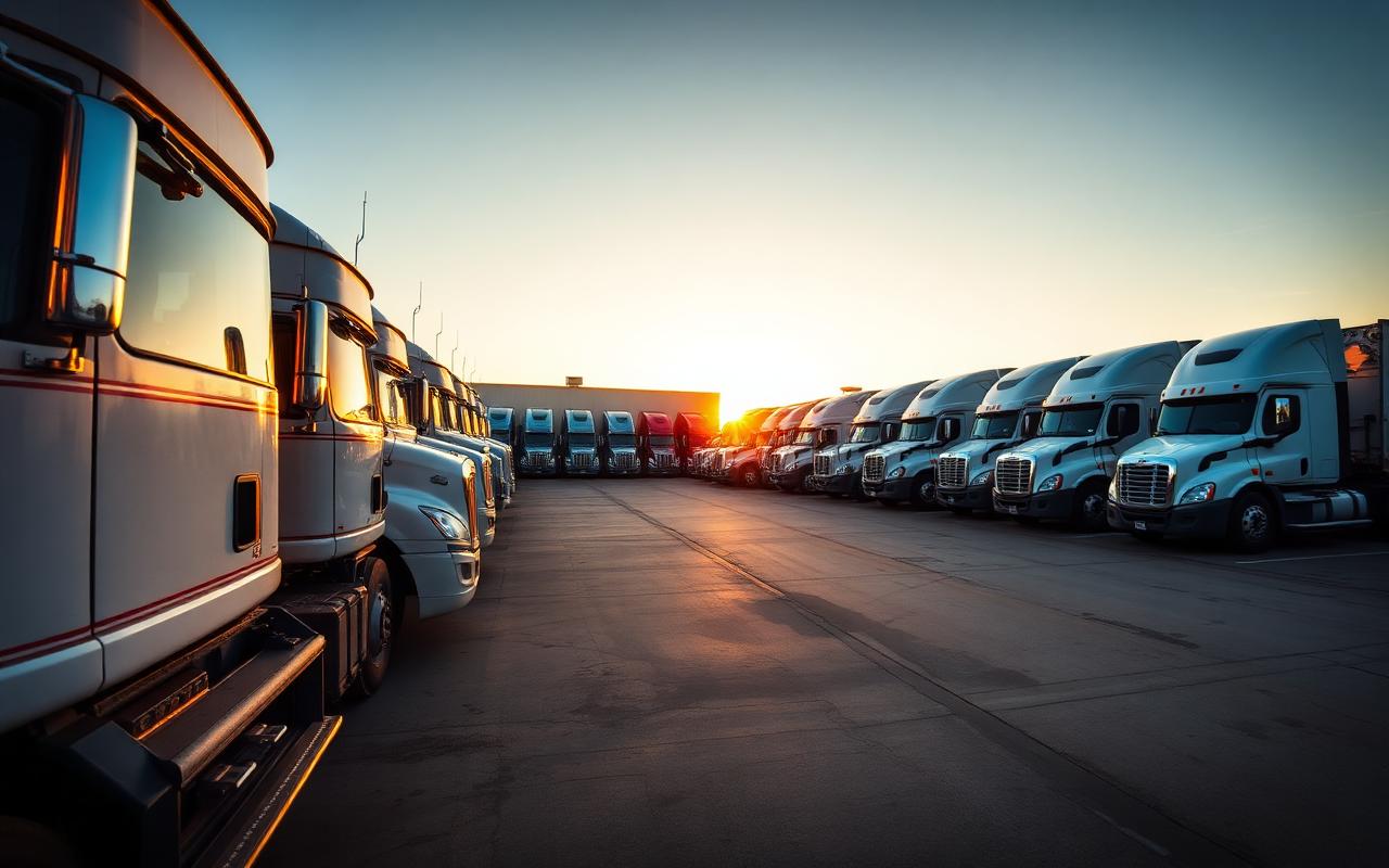 Commercial diesel fleet at sunrise